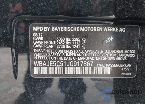 2018 BMW 540I из США, поврежденный, VIN WBAJE5C51JG917867